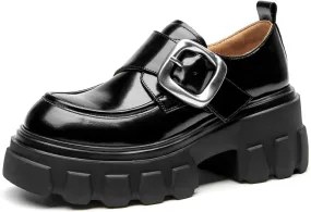 BEAU TODAY Womens Loafers Shoes, Leather Platform Loafers for Women, Chunky Heel Lug Sole Loafers for Women, Comfort Slip-on Loafers, Casual Business Office Work Shoes with Buckle
