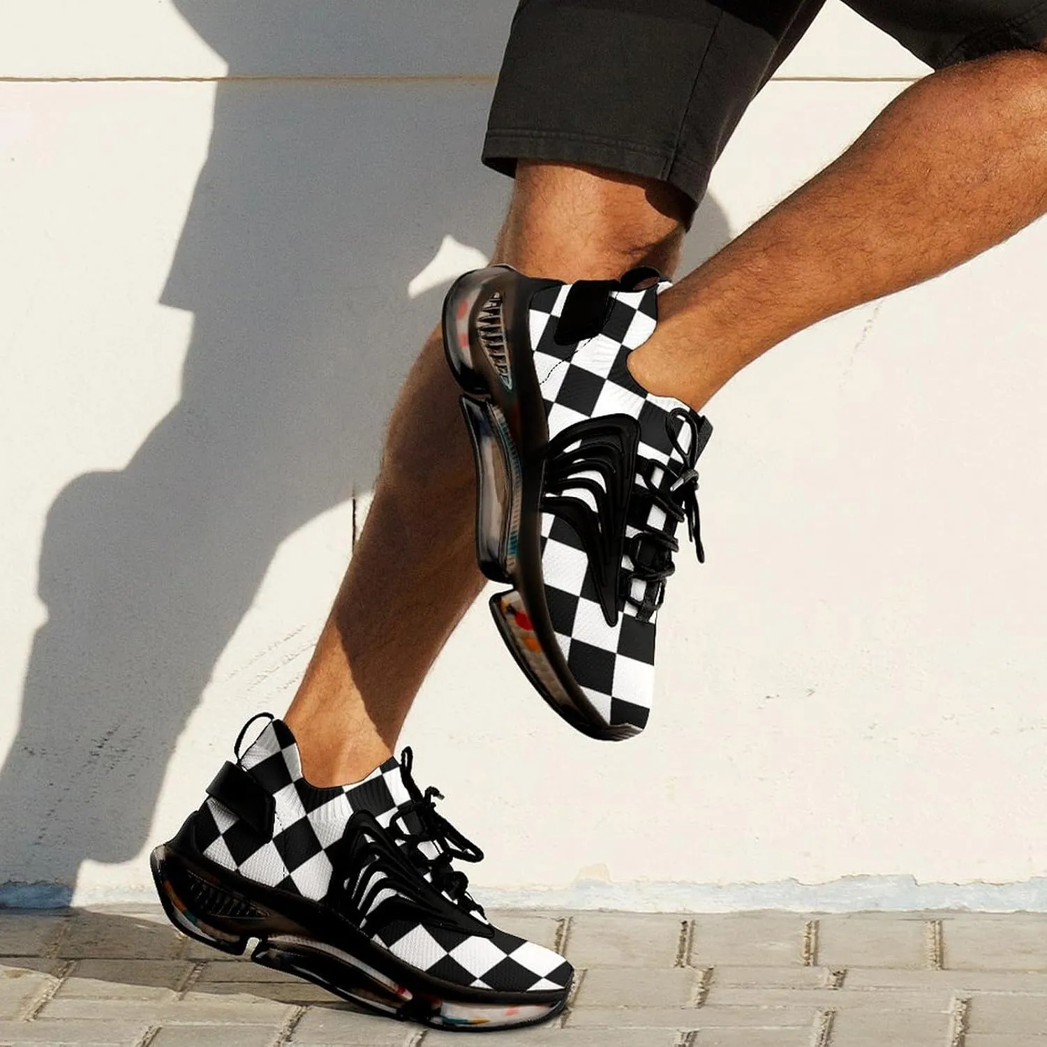Checkerboard Black White Checkered Mens Running Shoes Lightweight Walking Tennis Shoes Soft Soled Elastic Cushion Basketball Shoes