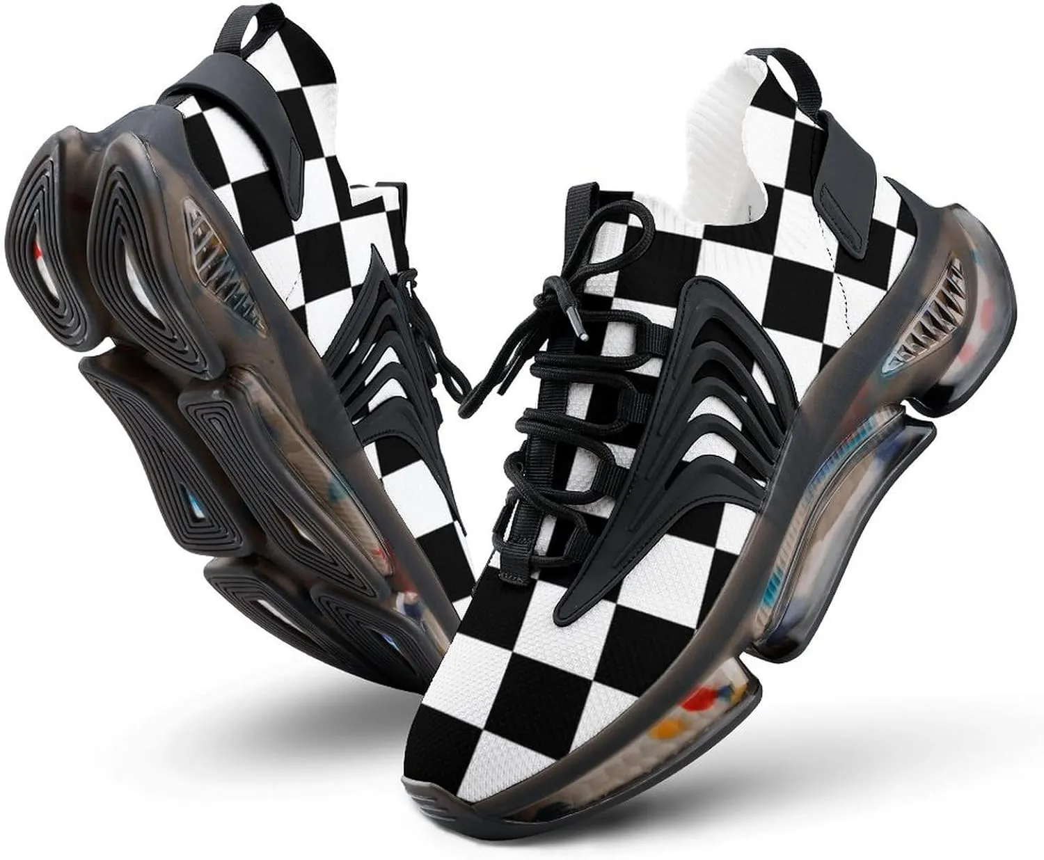 Checkerboard Black White Checkered Mens Running Shoes Lightweight Walking Tennis Shoes Soft Soled Elastic Cushion Basketball Shoes