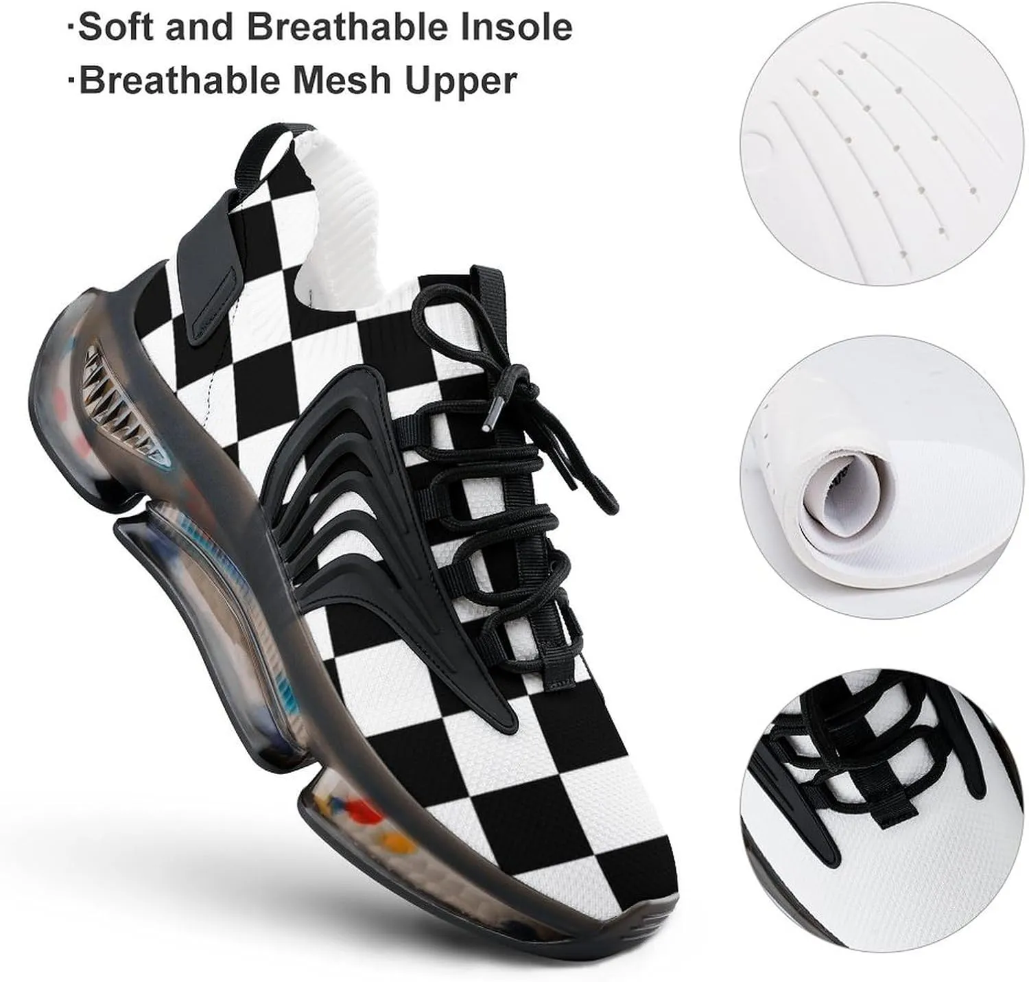 Checkerboard Black White Checkered Mens Running Shoes Lightweight Walking Tennis Shoes Soft Soled Elastic Cushion Basketball Shoes