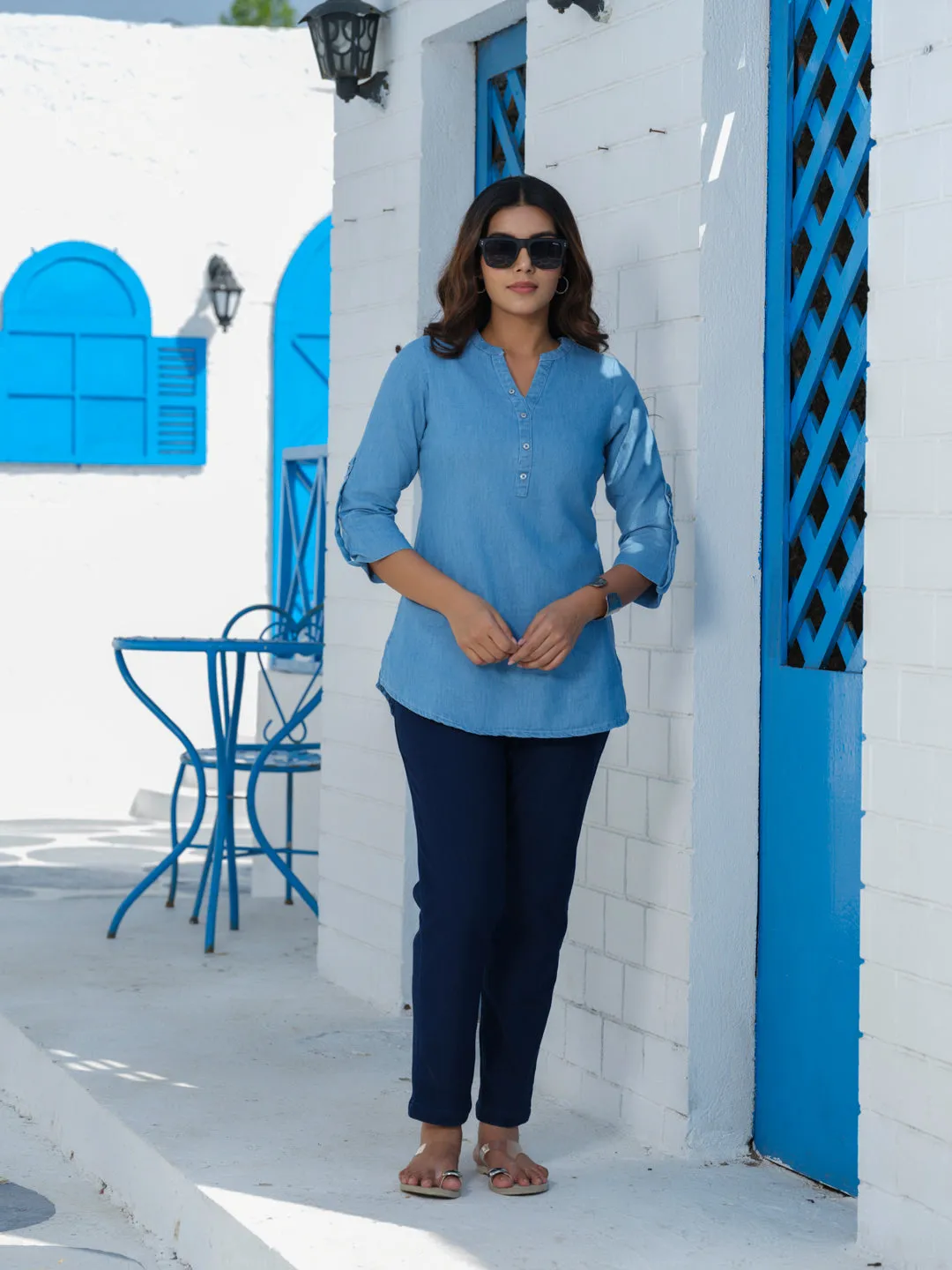 Classic Plain Cotton Indigo Twill Denim Top