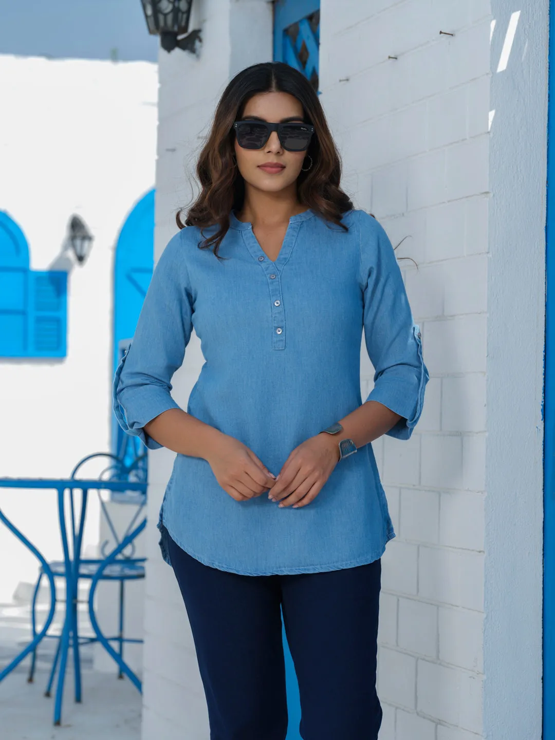 Classic Plain Cotton Indigo Twill Denim Top