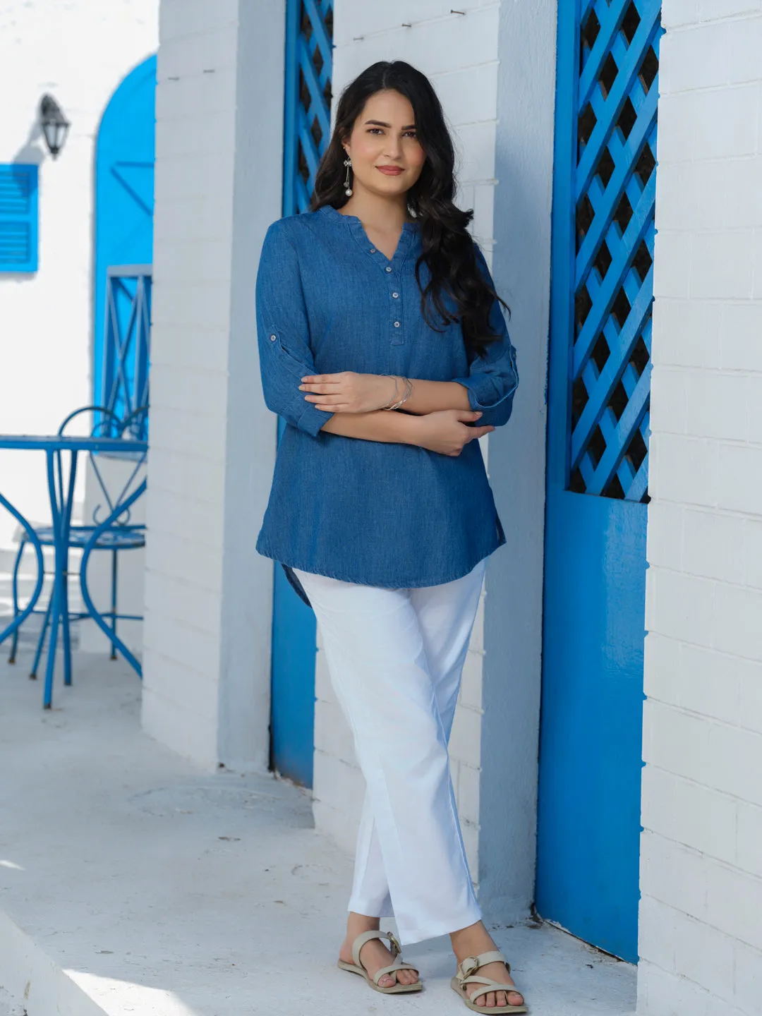 Classic Plain Cotton Indigo Twill Denim Top