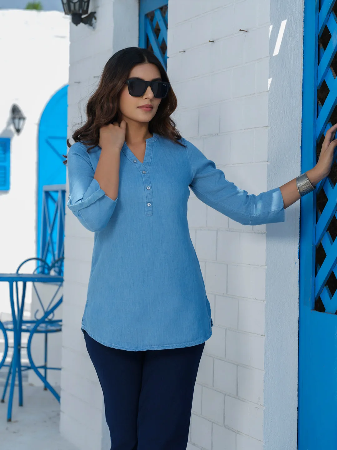 Classic Plain Cotton Indigo Twill Denim Top
