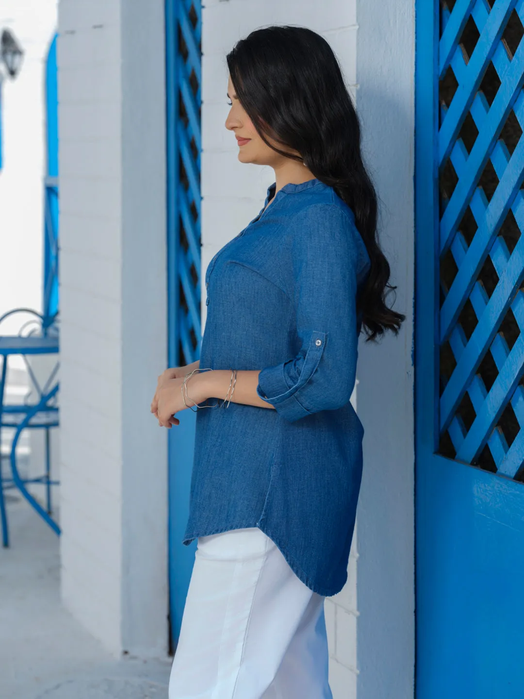 Classic Plain Cotton Indigo Twill Denim Top