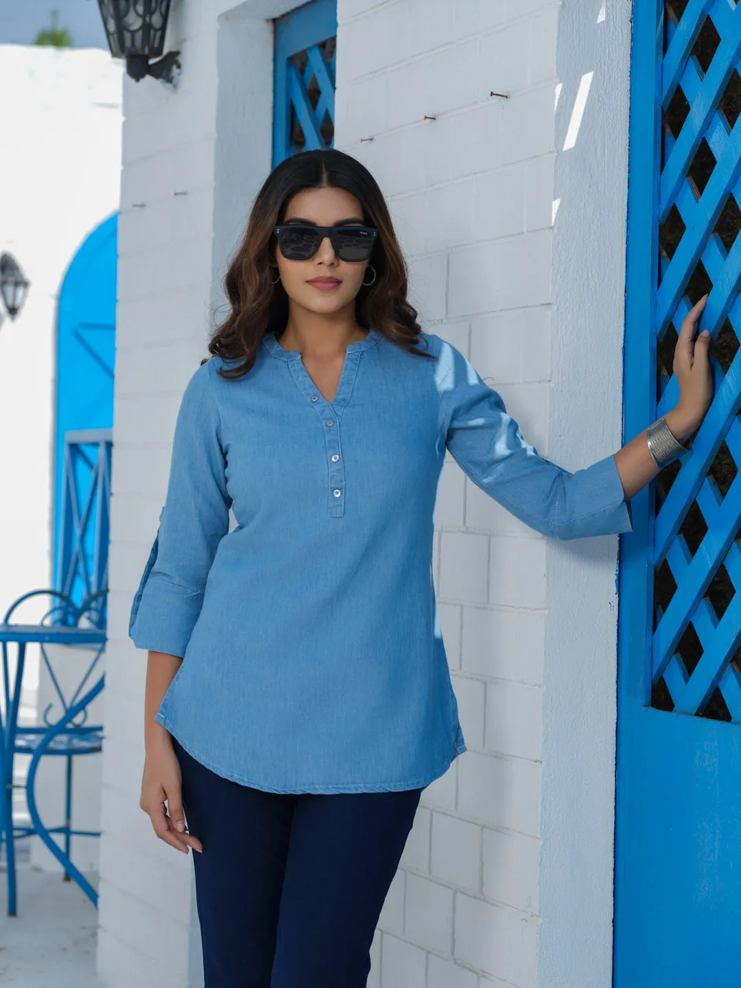 Classic Plain Cotton Indigo Twill Denim Top