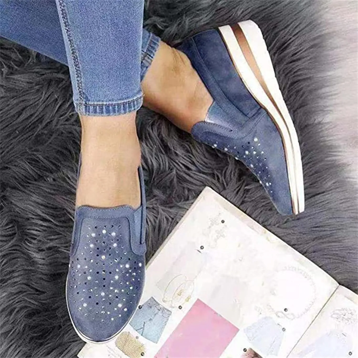 Ladmiple Sneakers For Women Walking Shoes Wide Width Slip On Sparkly Shoes Dressy Casual Summer Glitter Flats Loafers