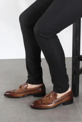 Men's Brown Crocodile-Embossed Leather Tassel Loafers - Wessi