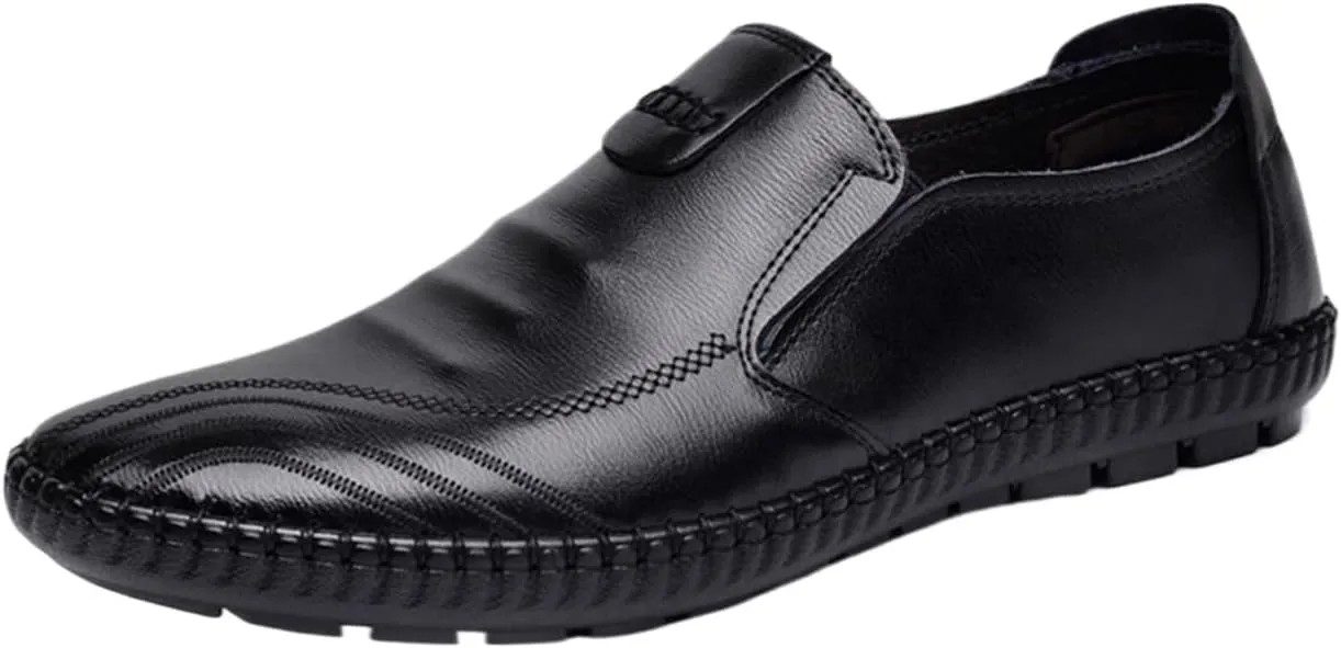 Men's Genuine Leather Loafers with Stitching Details, Breathable & Slip-Resistant, Lightweight Comfortable Round Toe Slip-On Shoes