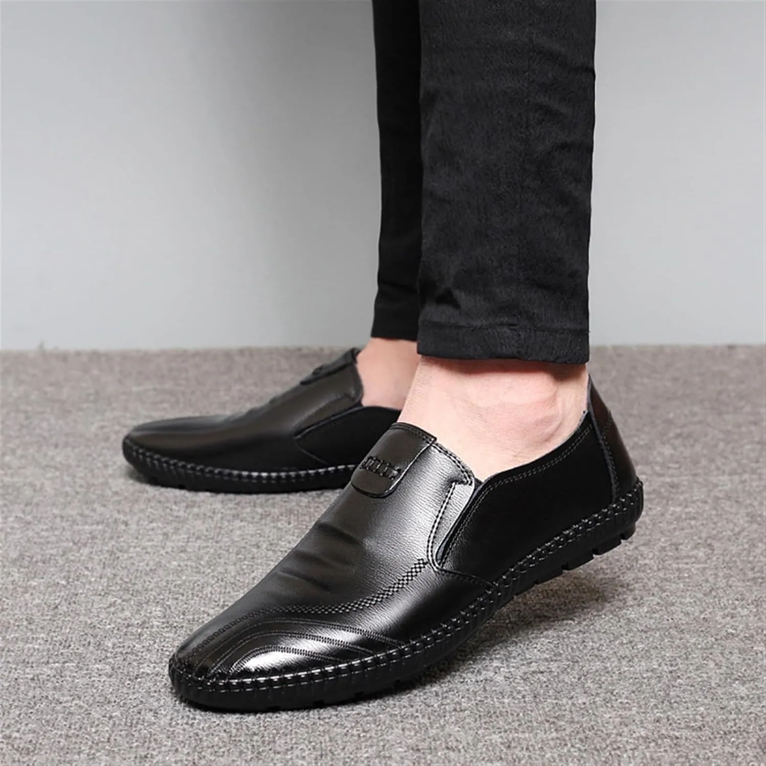 Men's Genuine Leather Loafers with Stitching Details, Breathable & Slip-Resistant, Lightweight Comfortable Round Toe Slip-On Shoes