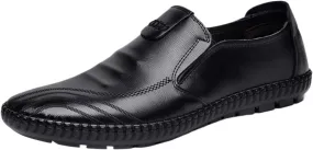 Men's Genuine Leather Loafers with Stitching Details, Breathable & Slip-Resistant, Lightweight Comfortable Round Toe Slip-On Shoes