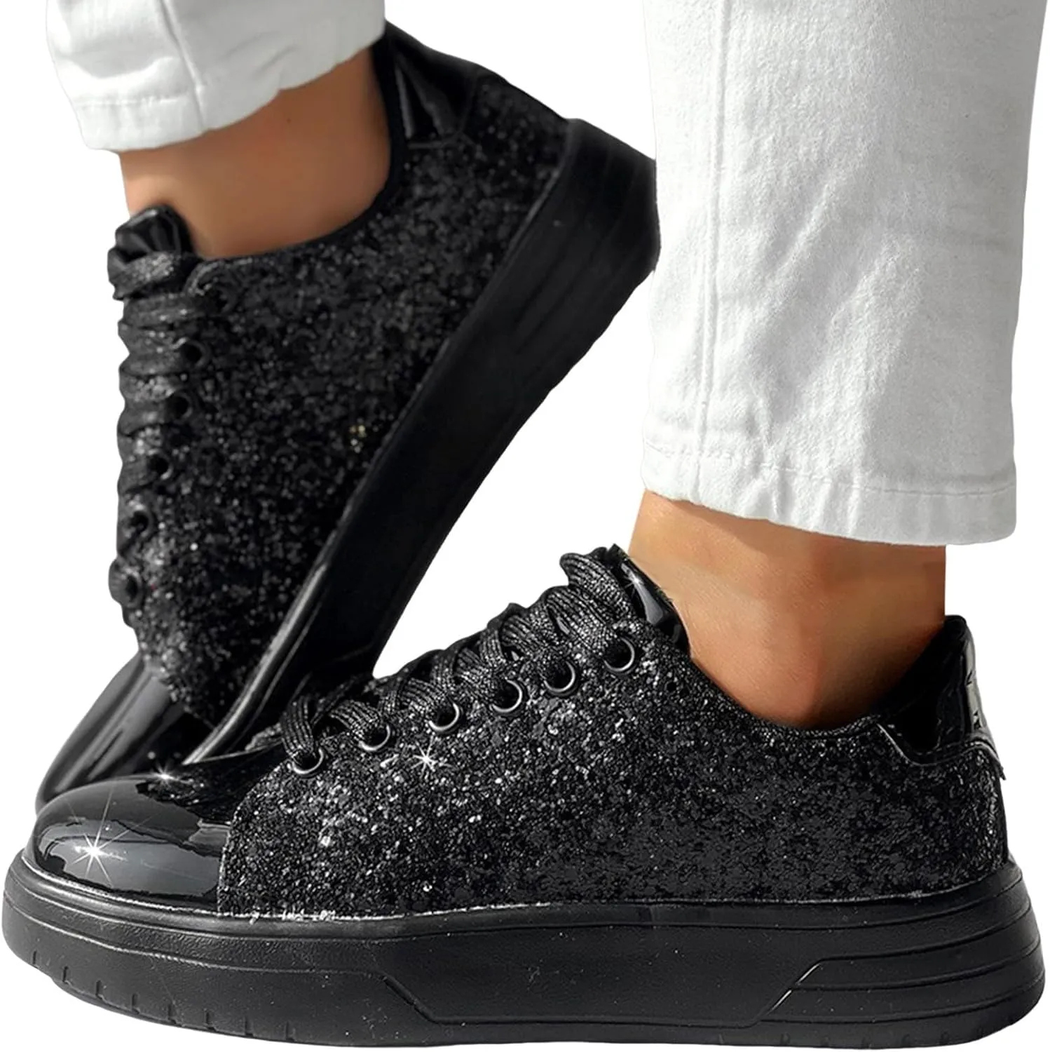 Rhinestone Sneakers for Women Women's Glitter Sneakers Shiny Sequin Tennis Rhinestone Bling Lace Up Shoes Fashion Sneakers