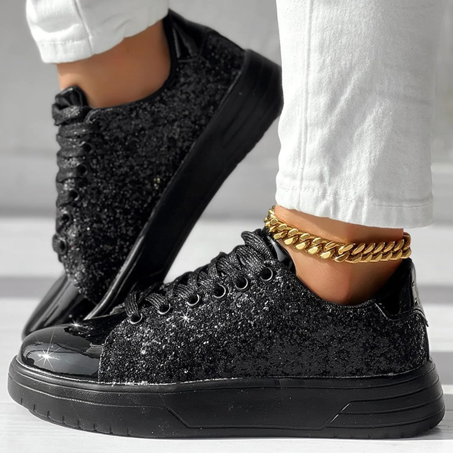 Rhinestone Sneakers for Women Women's Glitter Sneakers Shiny Sequin Tennis Rhinestone Bling Lace Up Shoes Fashion Sneakers