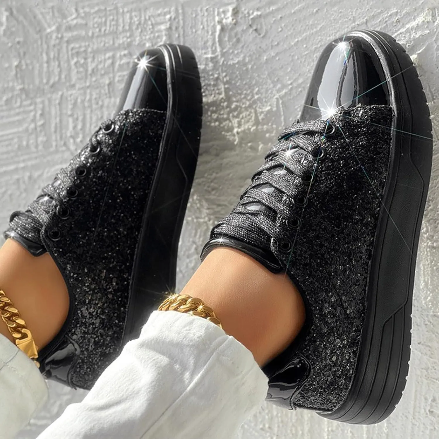 Rhinestone Sneakers for Women Women's Glitter Sneakers Shiny Sequin Tennis Rhinestone Bling Lace Up Shoes Fashion Sneakers