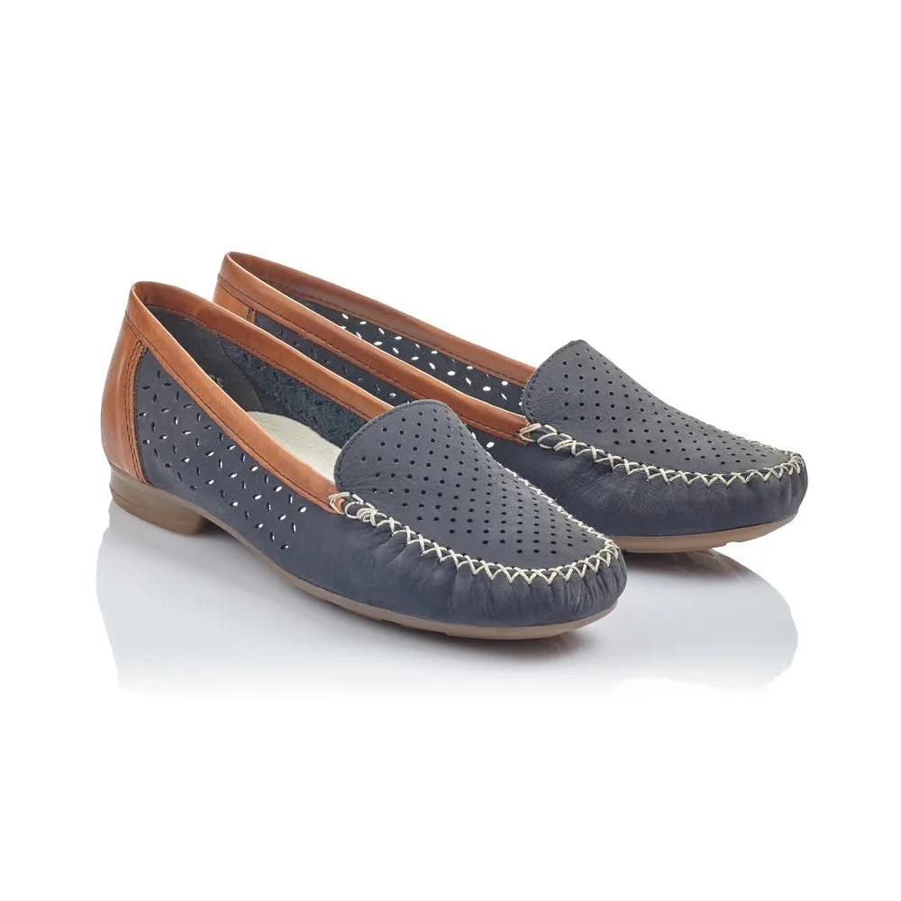 Rieker Ladies Navy Tan Trim Slip On Moccasin Loafer