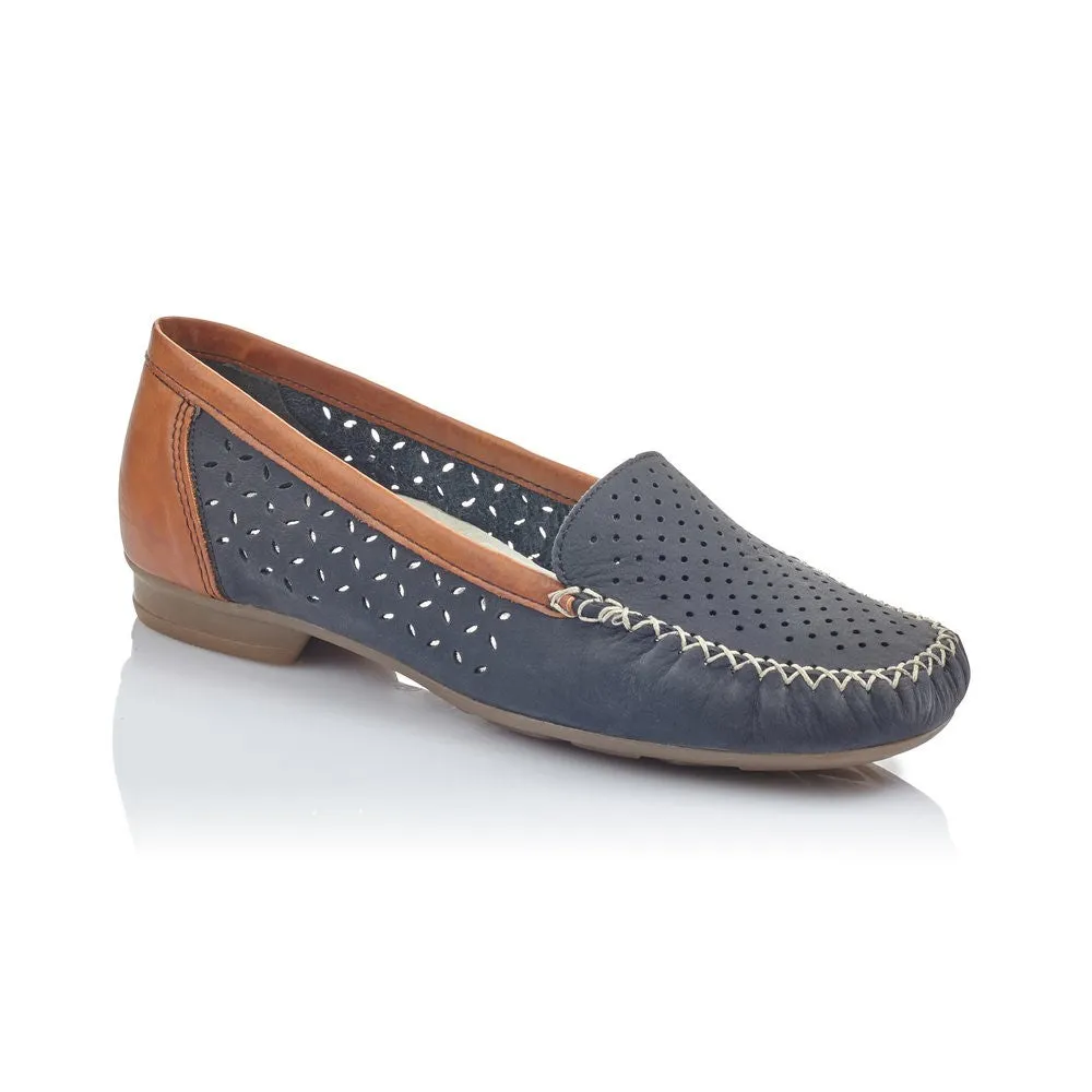 Rieker Ladies Navy Tan Trim Slip On Moccasin Loafer