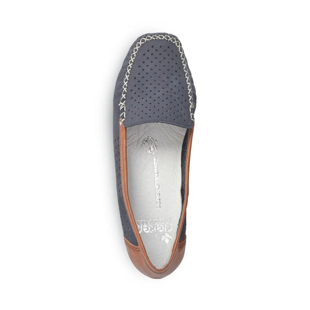 Rieker Ladies Navy Tan Trim Slip On Moccasin Loafer