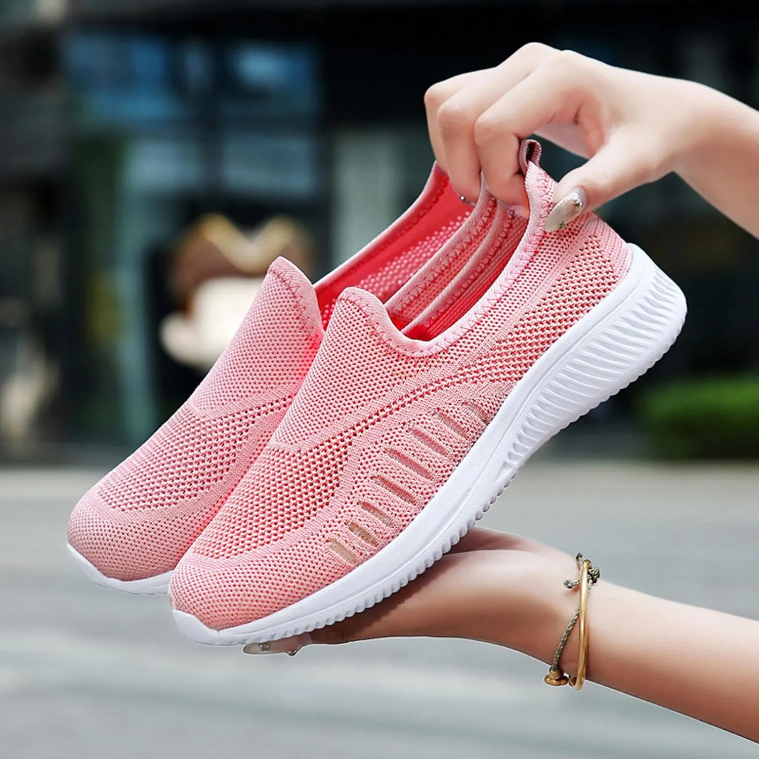 SECHRITE Women's Slip On Walking Shoes Mesh Orthopedic Shoes Slip On Comfortable Tennis Sneakers Workout Hands Free Shoes