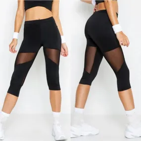 Stylish Black Mesh Patchwork Fitness Leggings for Women - Elastic Capri Jeggings Perfect for Yoga and Workouts