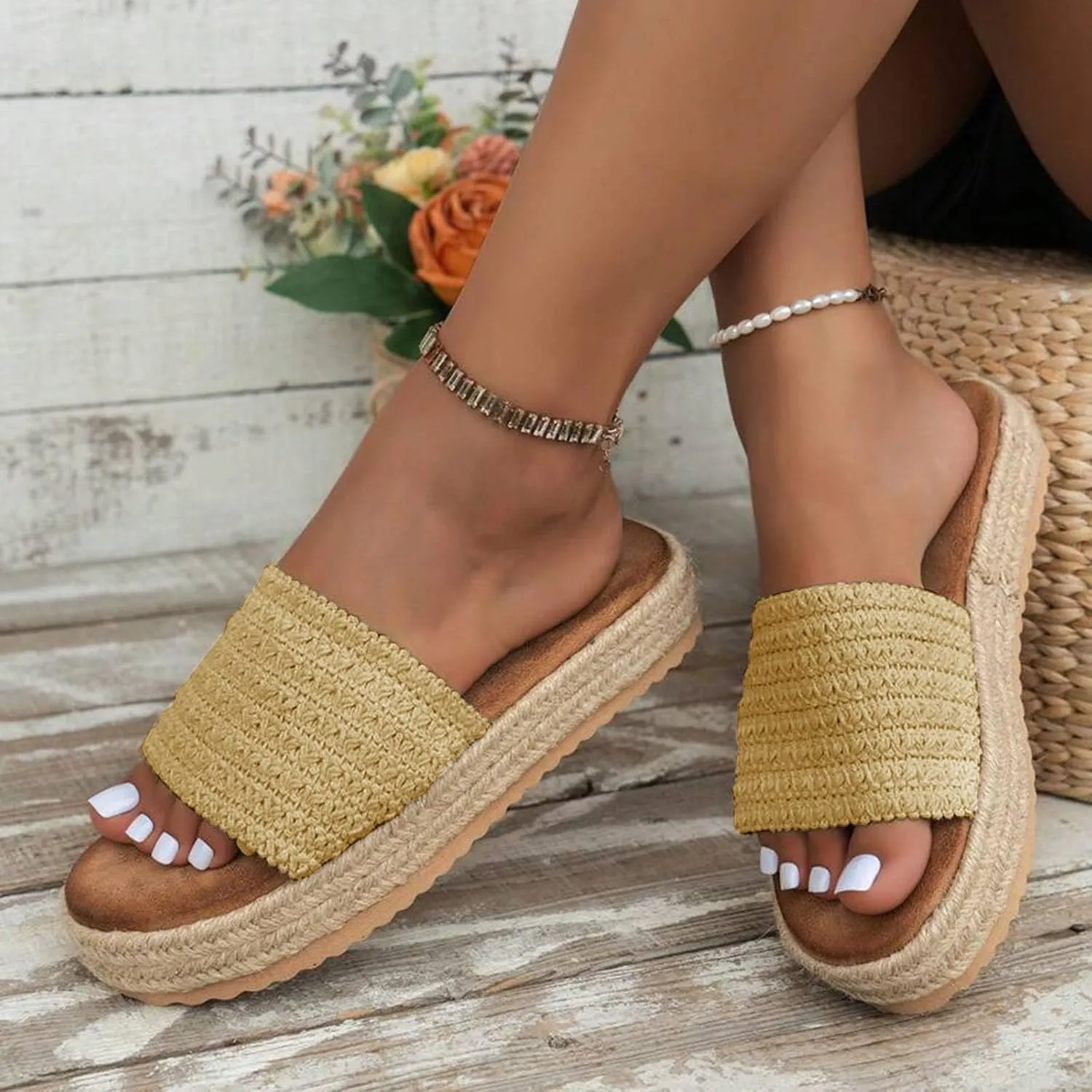 Womens Platform Wedge Sandals Summer Beach Sandal Comfortable Raffia Straw Sandals Outdoor Camping Slides Walking Vacation Slippers Open Toe Bohemia Slippers