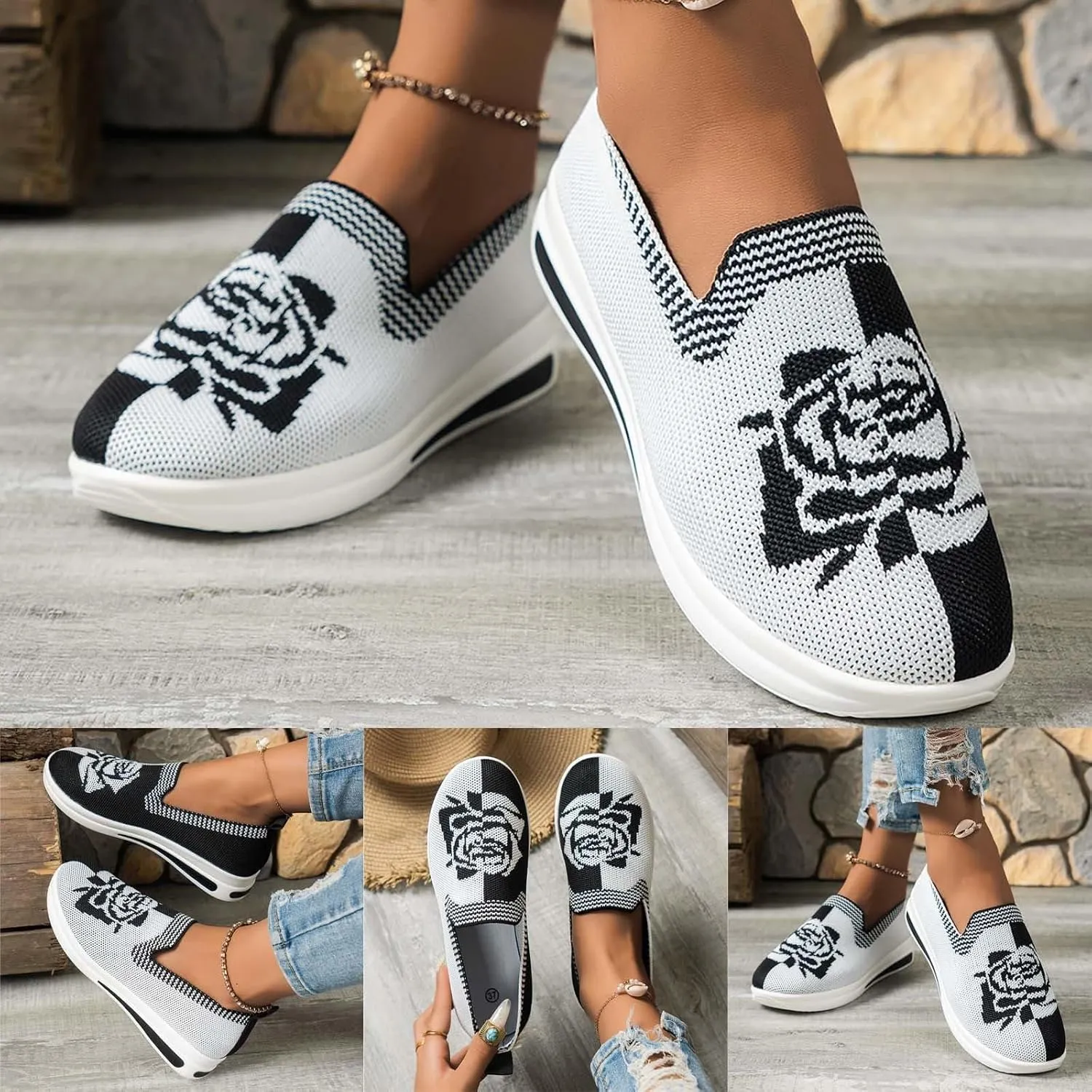Womens Woven Orthopedic Breathable Shoes Walking Comfort Sneakers with Arch Support Wide Go Walk Slip on Tennis Comfy Work Slip On Loafers